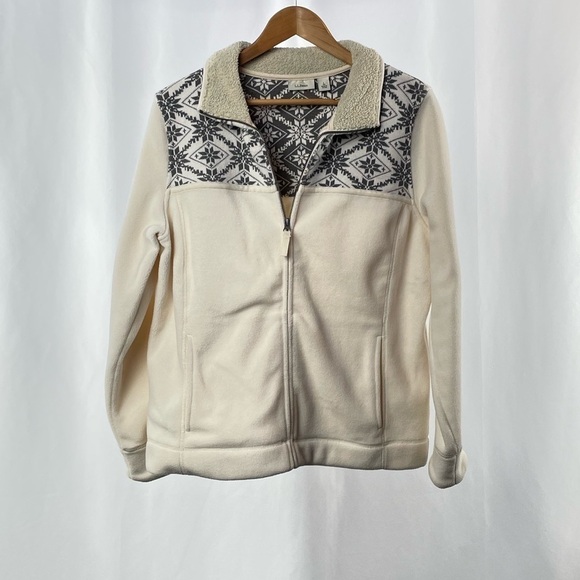 L.L.‎ Bean Printed Fleece Full Zip Jacket in Cream Grey Size Large - Picture 1 of 7